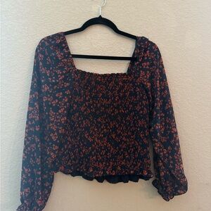 Lush Black and Red Floral Smocked Blouse